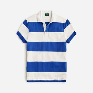 J. Crew Men's Short Sleeve Collared Rugby Shirt Ivory Blue Hoop Stripe L $80 NWT